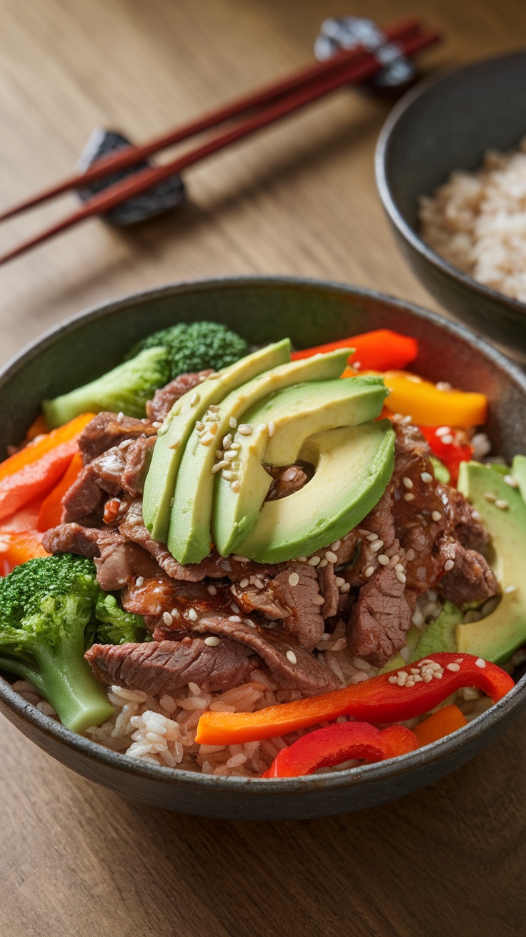 Korean beef and veggie bowl with brown rice and avocado slices, garnished with sesame seeds.